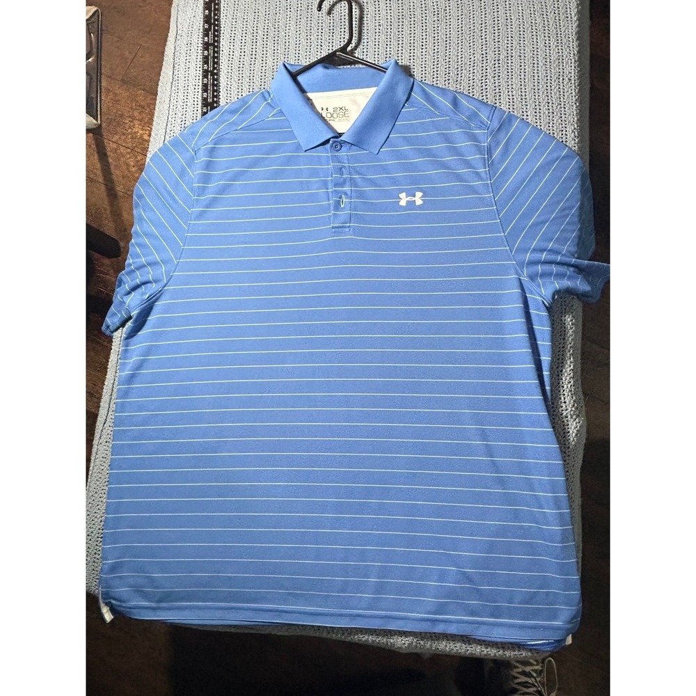 Under Armour Mens 2XL Loose HeatGear Polo Shirt Blue Striped Golf Short Sleeve